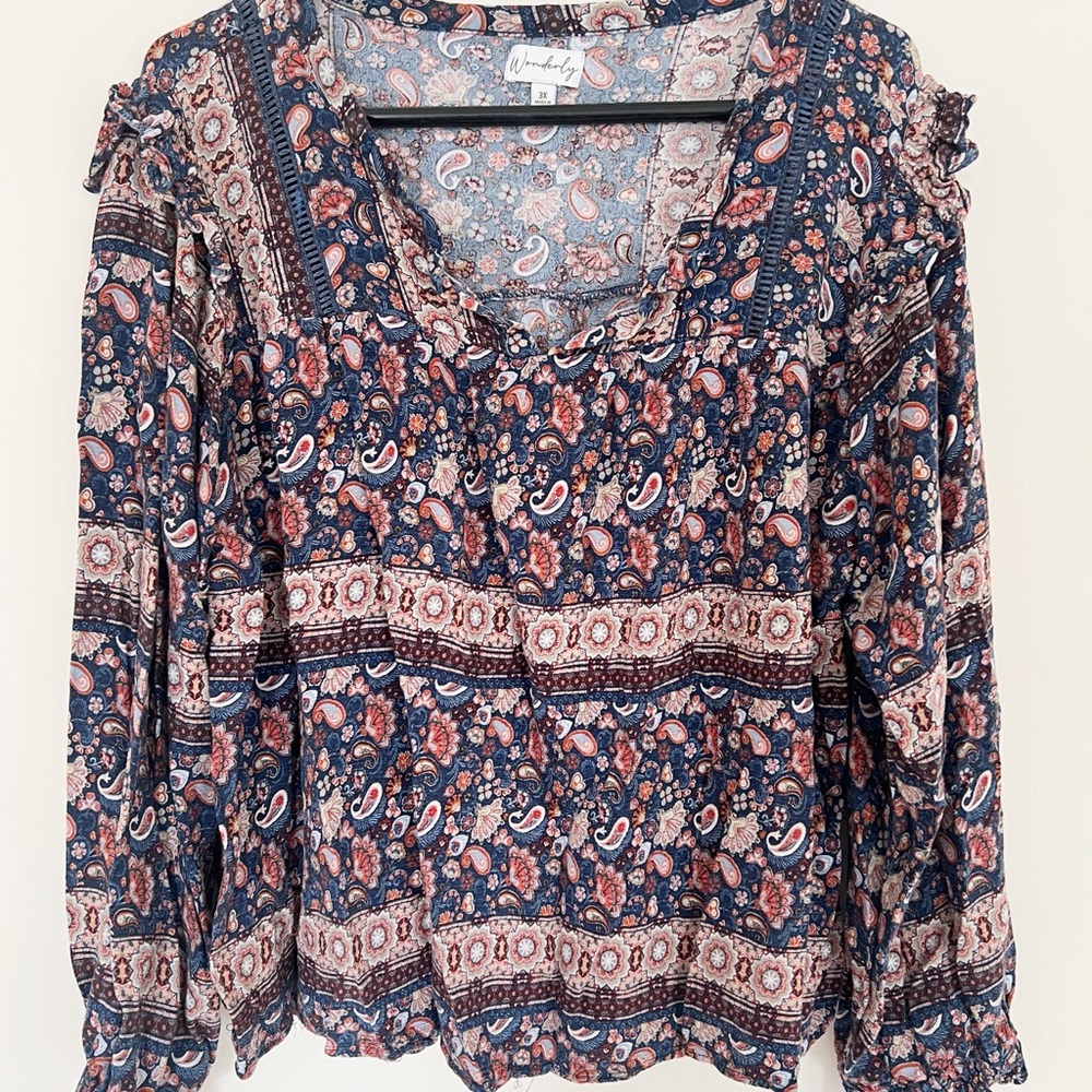 Wonderly Blue and Pink Paisley Blouse 3X Fairy Bohemian Boho